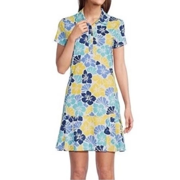 J. McLaughlin Dresses & Skirts - J. McLaughlin Dorte Short Sleeve Pleated Tennis Dress Blue Floral Print NWT